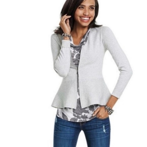 Cabi Willow Gray Cotton Blend Peplum Cardigan w/ 2-way zipper closure - Picture 1 of 10